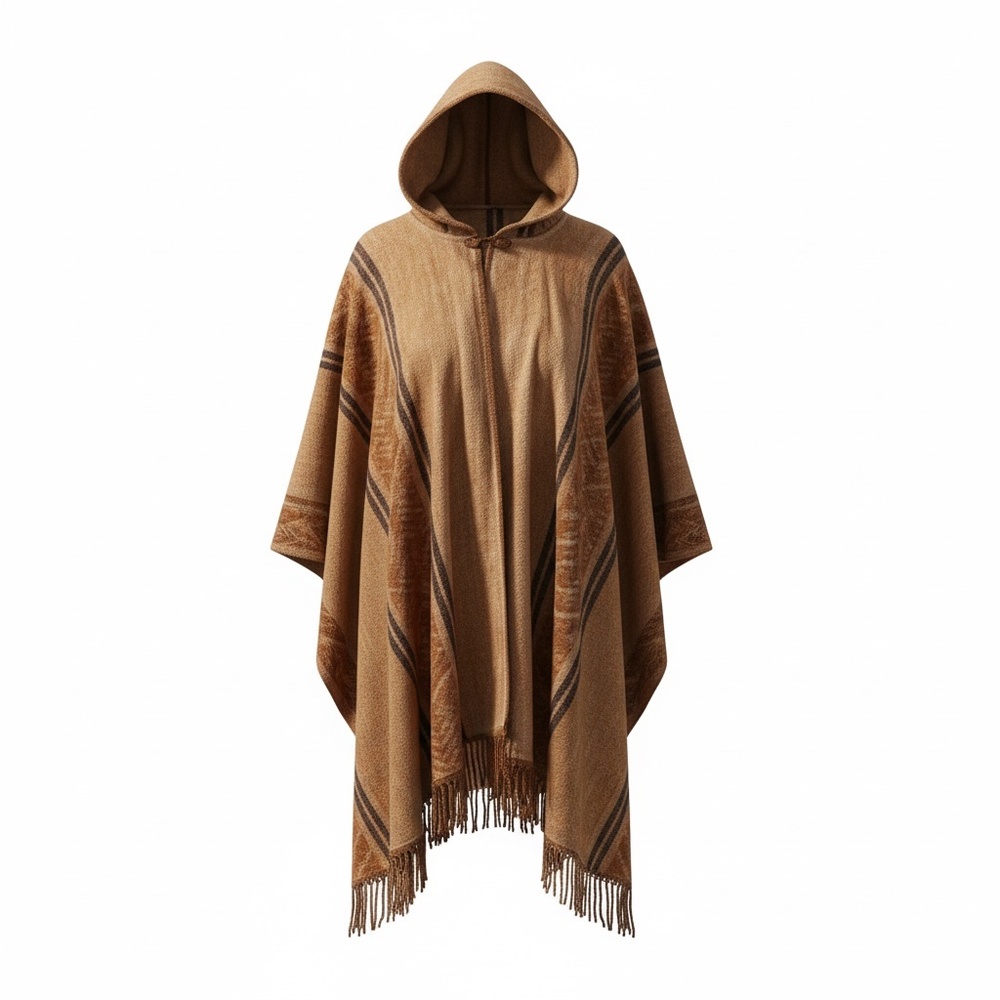 Unisex Brown Fringed Hooded  Poncho,‎ One Size